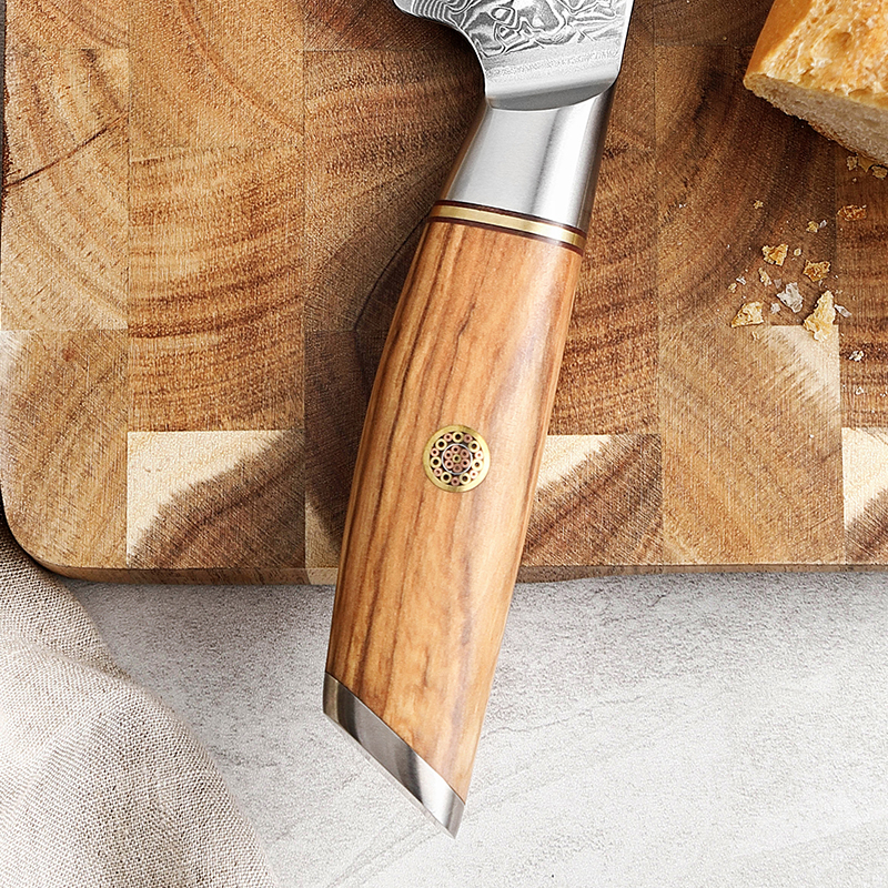 Olivenholzgriff des Shido Damast Brotmessers Tamaki