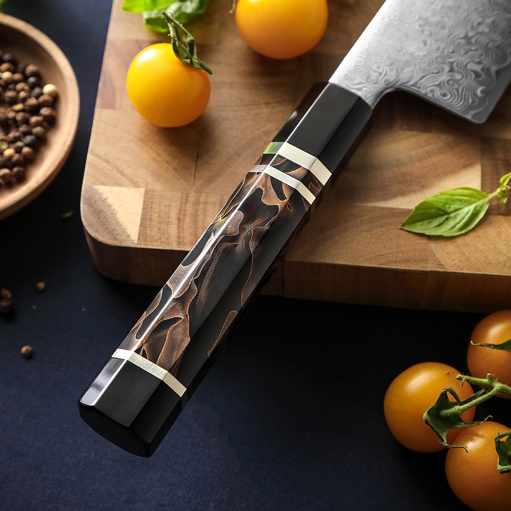 Griff des Shido Damast Nakiri Messers Takaru