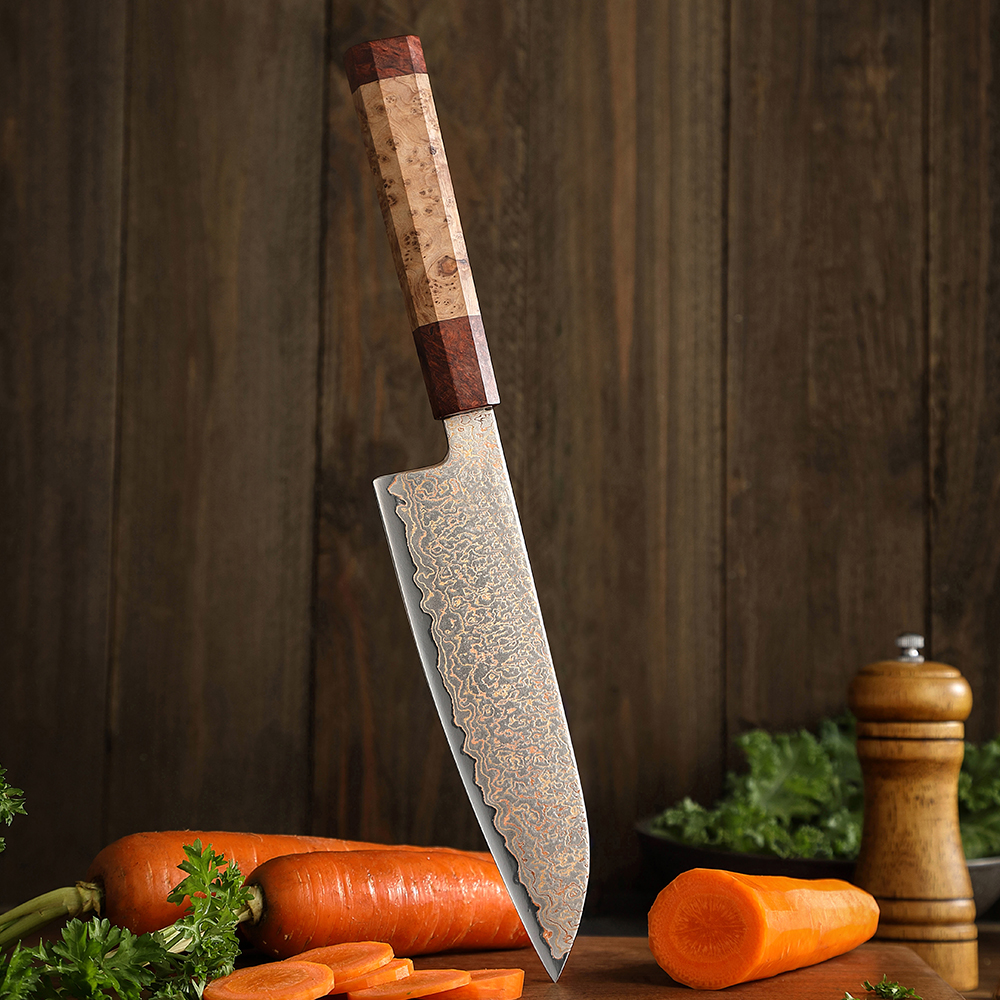 Griff des Shido Tricolour Damast Santoku Messers Takaru